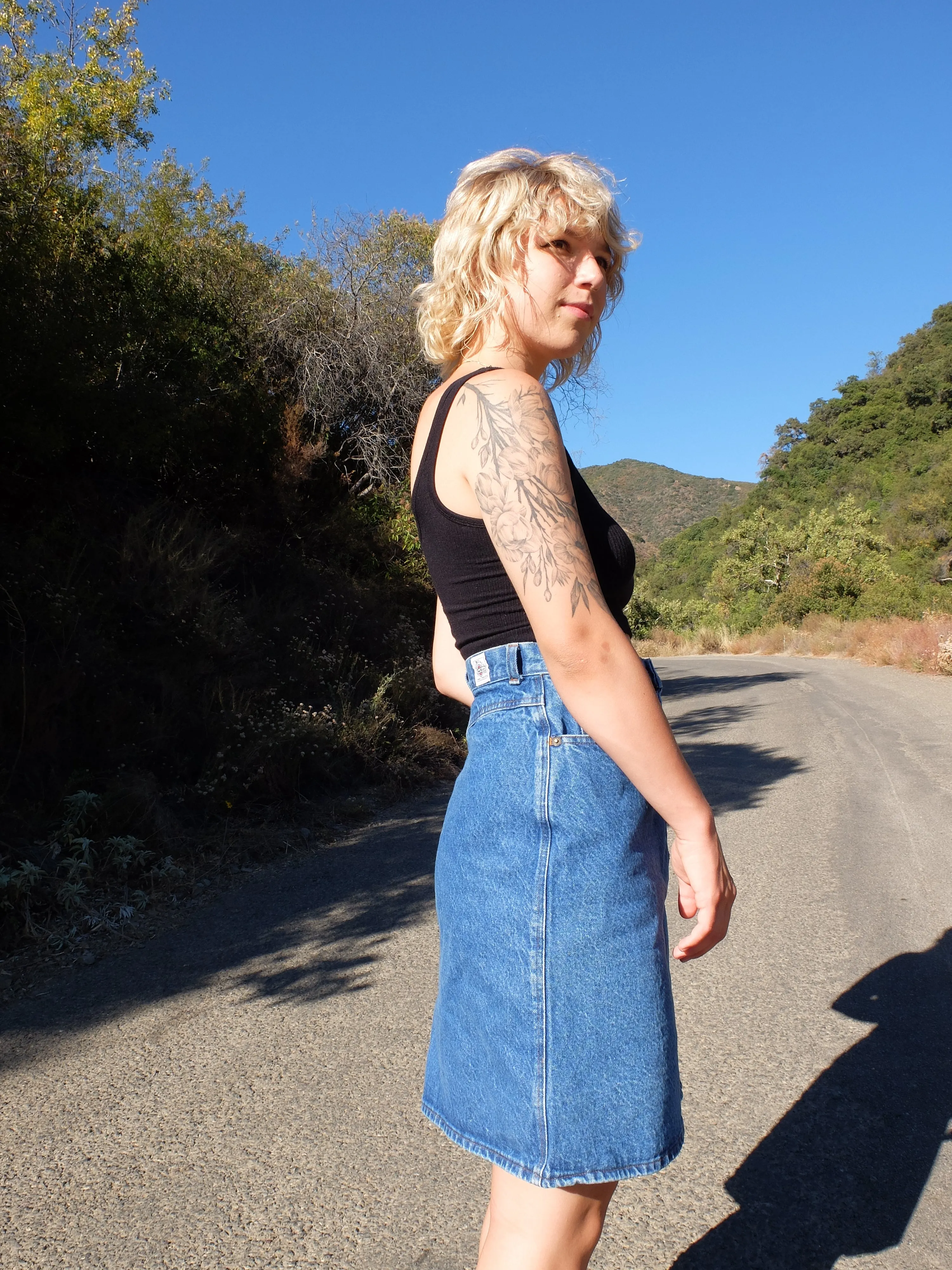 80s Utilitarian Medium Wash Denim High Waisted A-Line Denim Mini Skirt