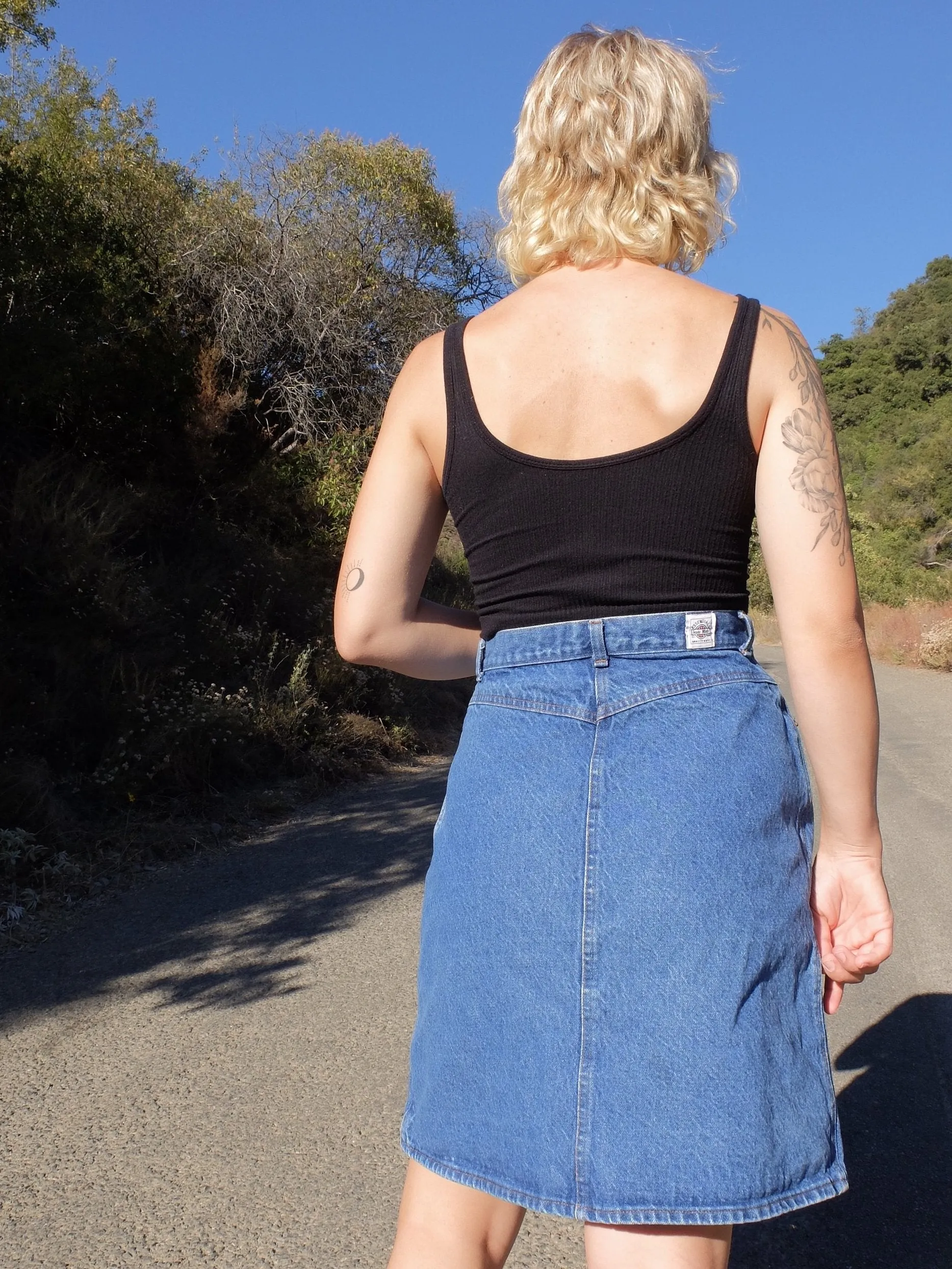 80s Utilitarian Medium Wash Denim High Waisted A-Line Denim Mini Skirt