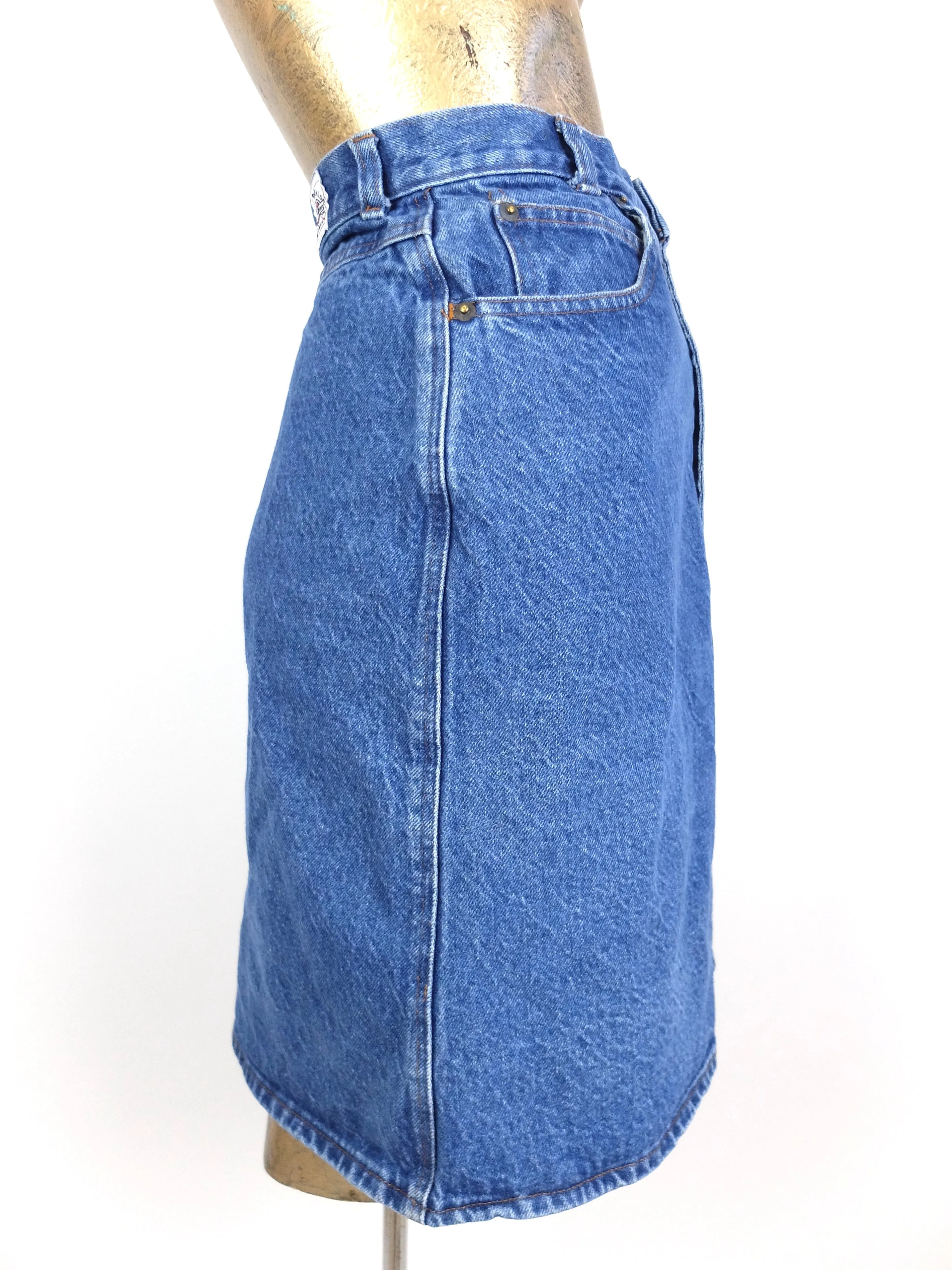 80s Utilitarian Medium Wash Denim High Waisted A-Line Denim Mini Skirt