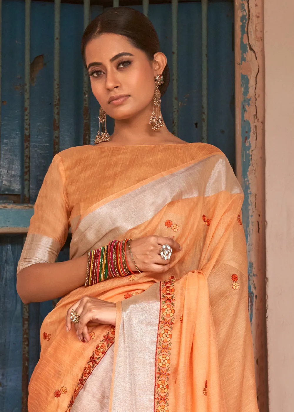 Amber Orange Floral Embroidered Linen Saree