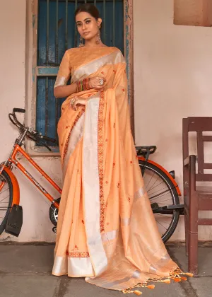 Amber Orange Floral Embroidered Linen Saree