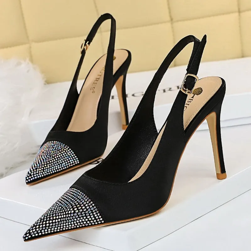 Amozae-2024 Women Crystal 9.5cm High Heels Sandals Wedding Green Stripper Cap Toe Stiletto Heels Slingback Sandles Satin Silk Red Shoes