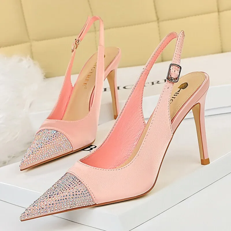 Amozae-2024 Women Crystal 9.5cm High Heels Sandals Wedding Green Stripper Cap Toe Stiletto Heels Slingback Sandles Satin Silk Red Shoes