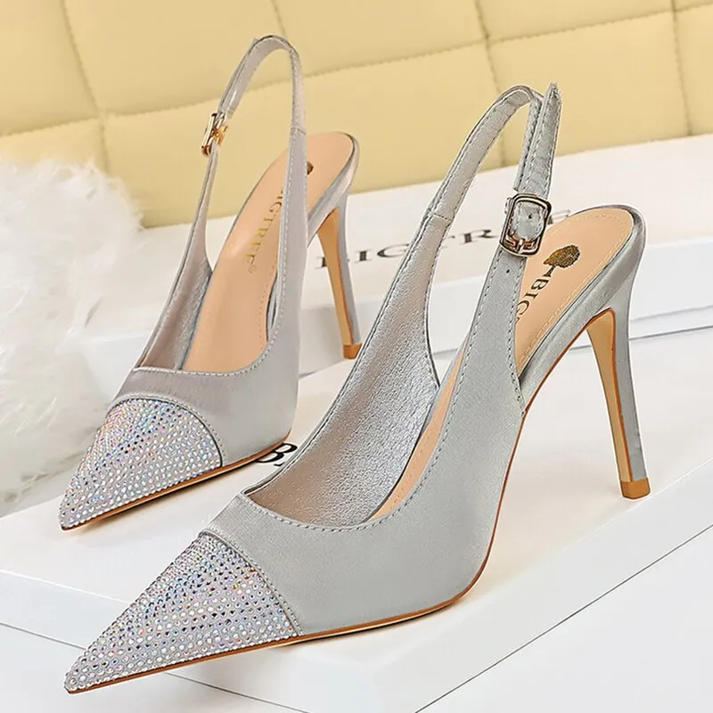 Amozae-2024 Women Crystal 9.5cm High Heels Sandals Wedding Green Stripper Cap Toe Stiletto Heels Slingback Sandles Satin Silk Red Shoes