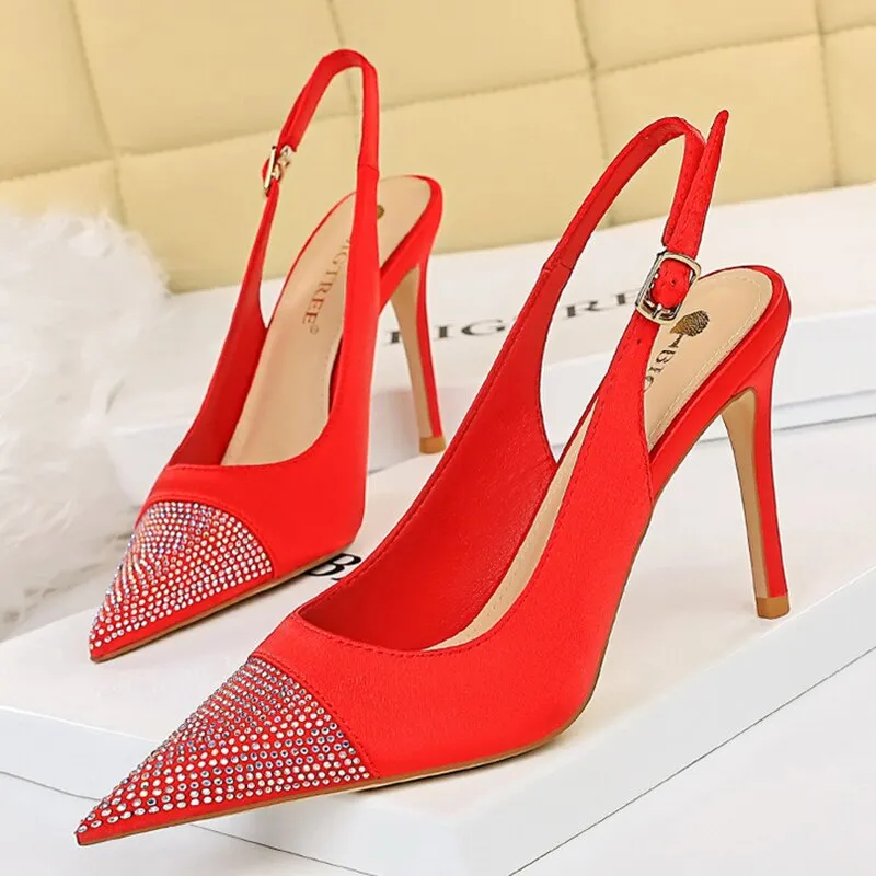 Amozae-2024 Women Crystal 9.5cm High Heels Sandals Wedding Green Stripper Cap Toe Stiletto Heels Slingback Sandles Satin Silk Red Shoes