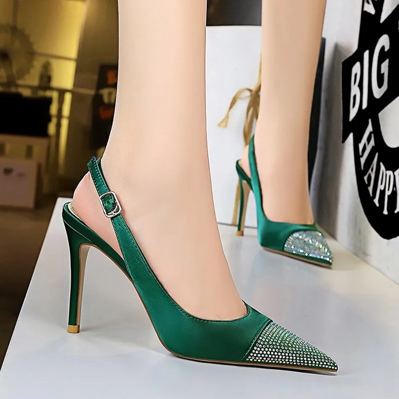 Amozae-2024 Women Crystal 9.5cm High Heels Sandals Wedding Green Stripper Cap Toe Stiletto Heels Slingback Sandles Satin Silk Red Shoes