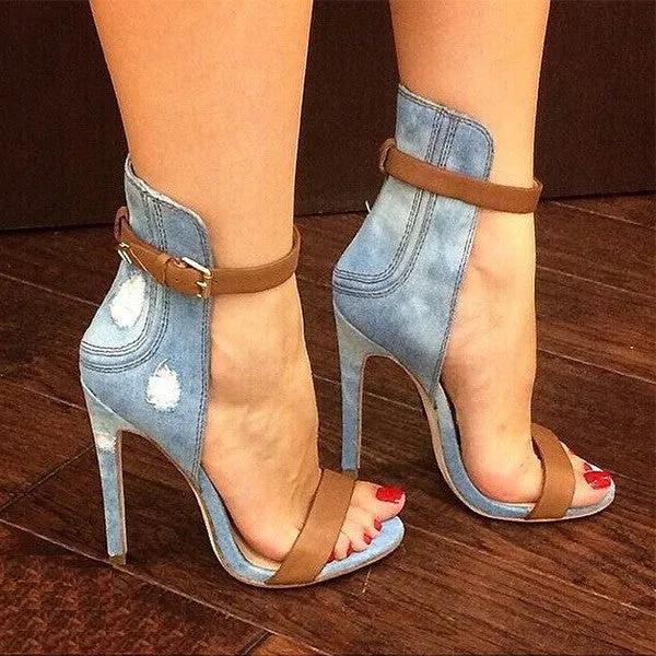 Amozae- Denim Cloth Open-Toe Ankle Strap Stiletto Heels