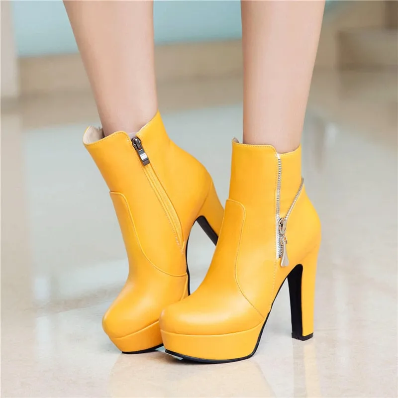 Amozae- Fashion High Heels Boots Women Winter     Platform Ankle Boots For Women Black Red Yellow White Boot Ladies Shoes Zipper