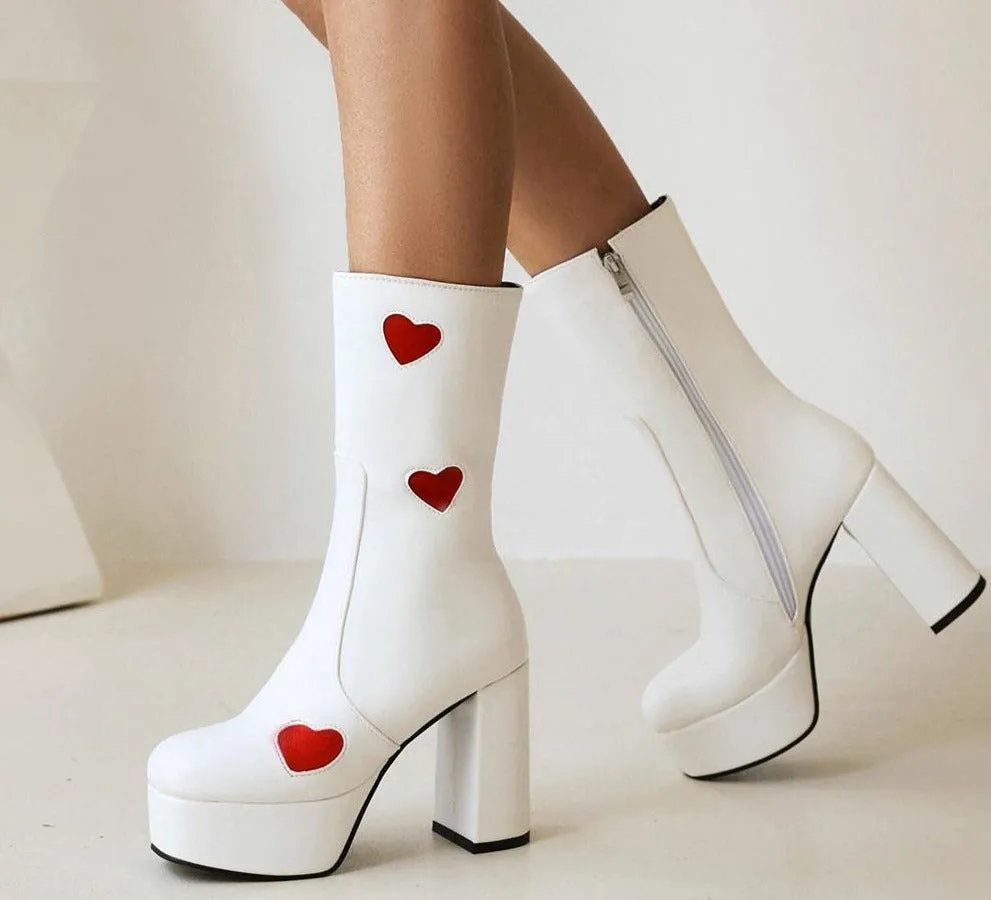 Amozae- Luxury Brand New Ladies Autumn Boots Fashion Platform Thick High Heels Mid-Calf Boots Women Heart Sweet Cool Shoes Woman