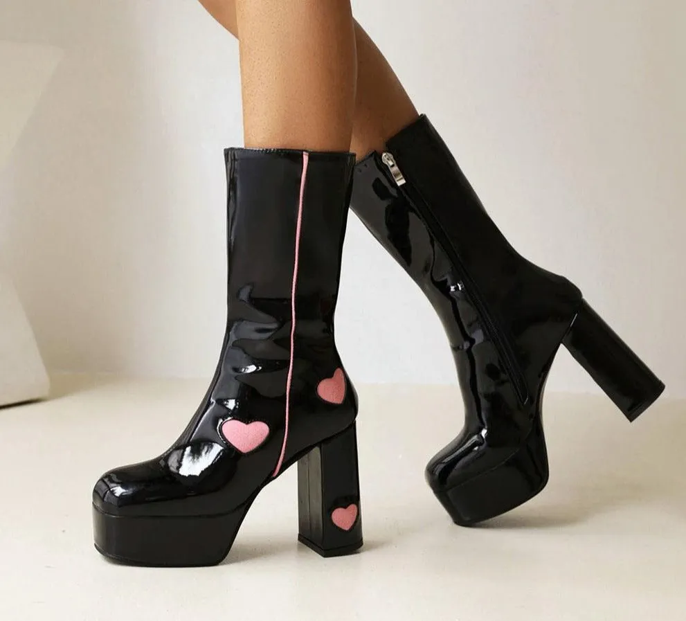 Amozae- Luxury Brand New Ladies Autumn Boots Fashion Platform Thick High Heels Mid-Calf Boots Women Heart Sweet Cool Shoes Woman