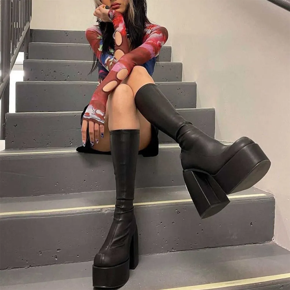 Amozae-   New Fashion Women Knee High Boots   Party Elegant Chunky Platform High Heel Great Quality Big Size 43 Walking Comfy