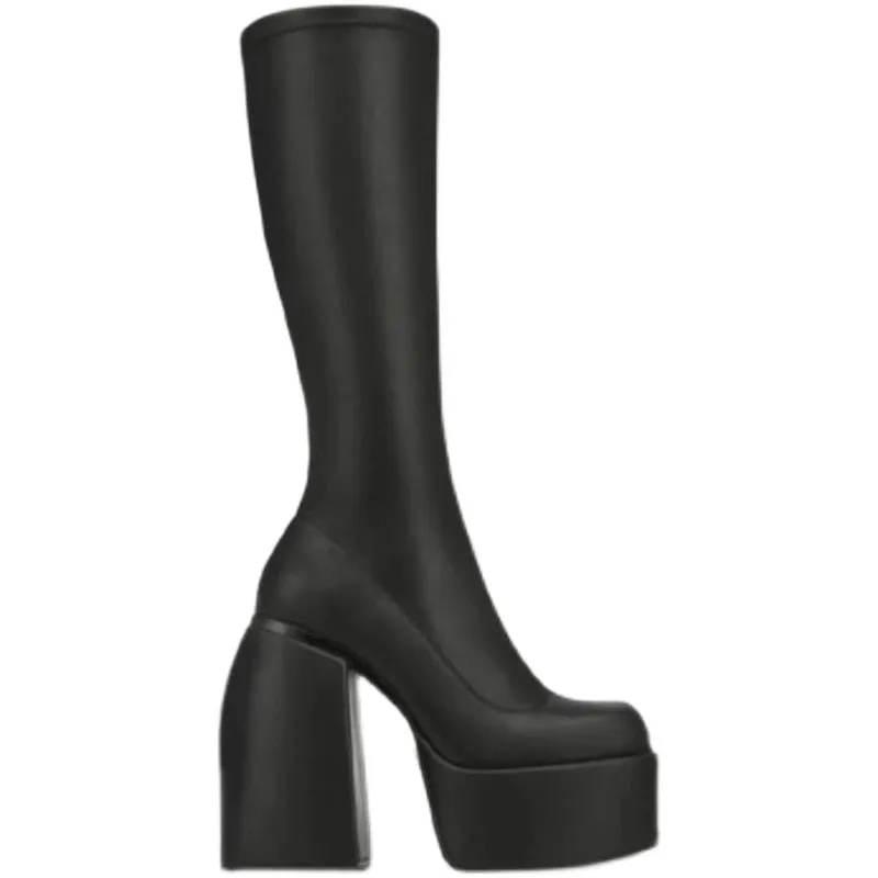 Amozae-   New Fashion Women Knee High Boots   Party Elegant Chunky Platform High Heel Great Quality Big Size 43 Walking Comfy