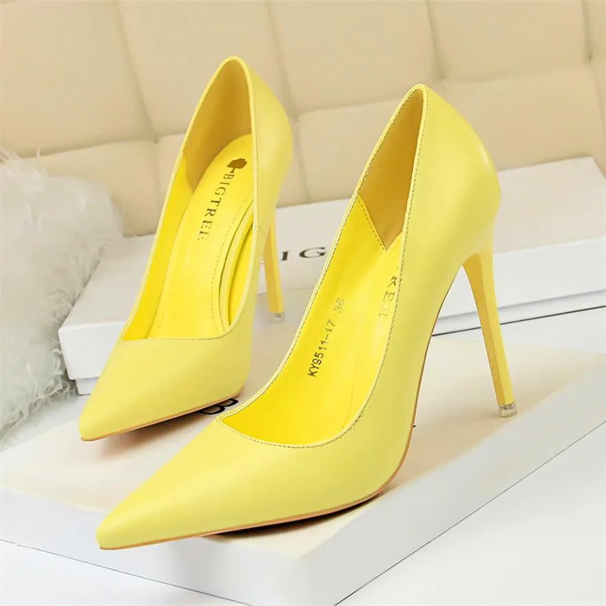 Amozae- Soft Leather Shallow Fashion Women's High Heels Shoes Candy Colors Pointed Toe Women Pumps Show Thin Female Office Shoe