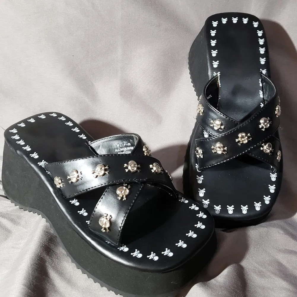 Amozae- Summer 2024 Double Strap Buckles  Platform Wedges Fashion Goth Slippers Hot Women's Matal  Sandal For Comfy  Black Shoes