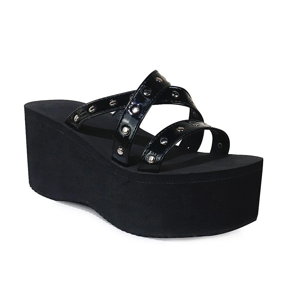 Amozae- Summer 2024 Double Strap Buckles  Platform Wedges Fashion Goth Slippers Hot Women's Matal  Sandal For Comfy  Black Shoes