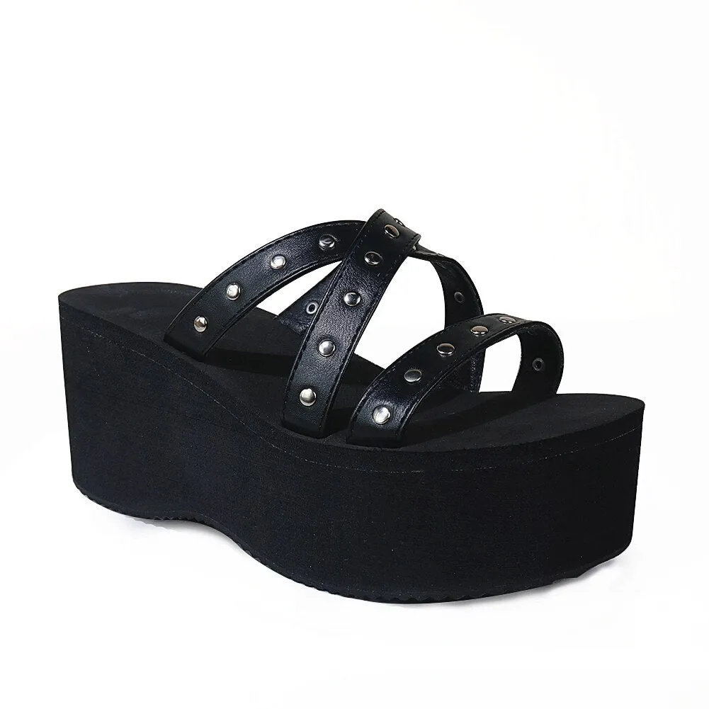 Amozae- Summer 2024 Double Strap Buckles  Platform Wedges Fashion Goth Slippers Hot Women's Matal  Sandal For Comfy  Black Shoes