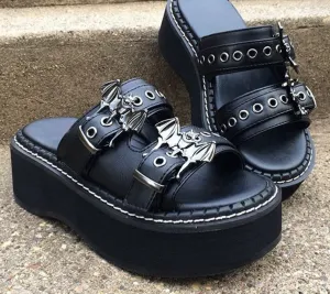 Amozae- Summer 2024 Double Strap Buckles  Platform Wedges Fashion Goth Slippers Hot Women's Matal  Sandal For Comfy  Black Shoes