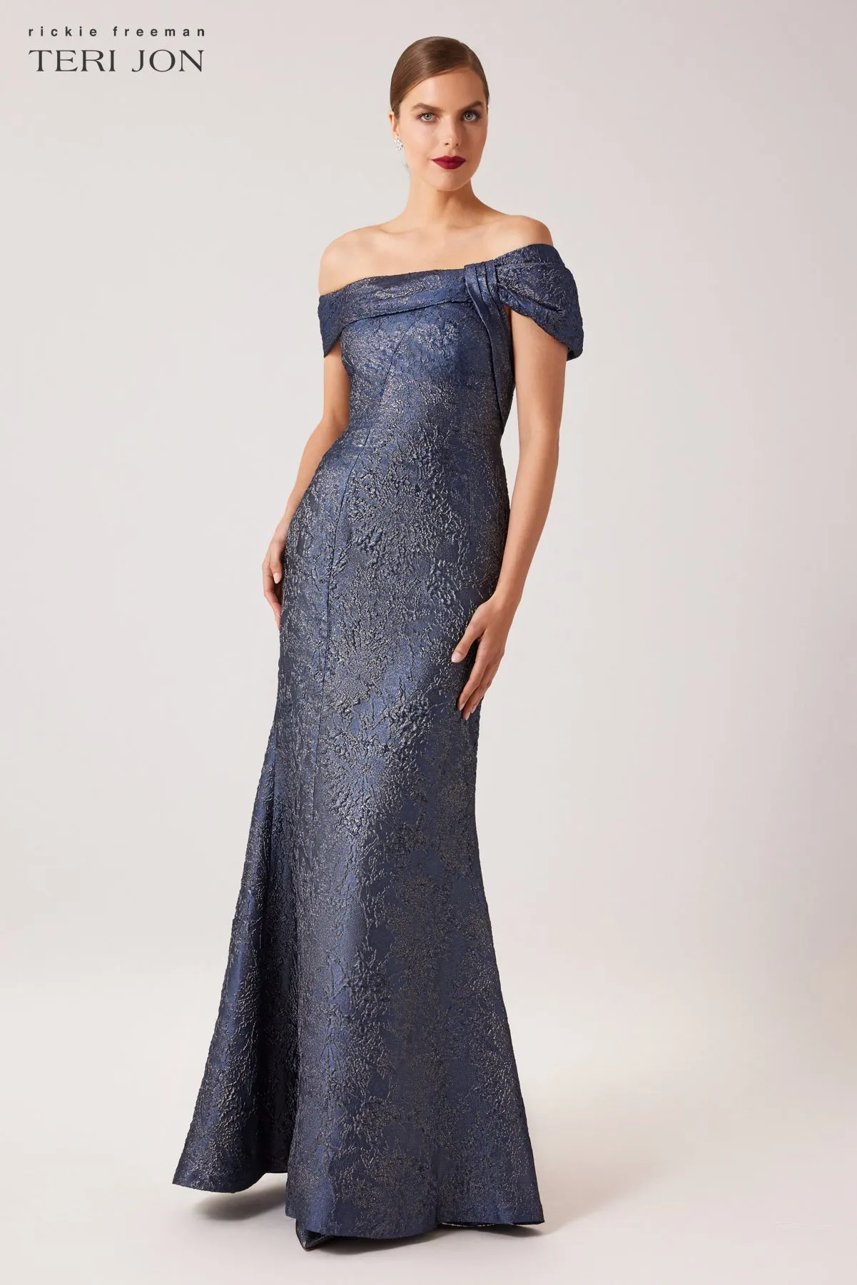 Asymmetrical Portrait Jacquard Evening Gown