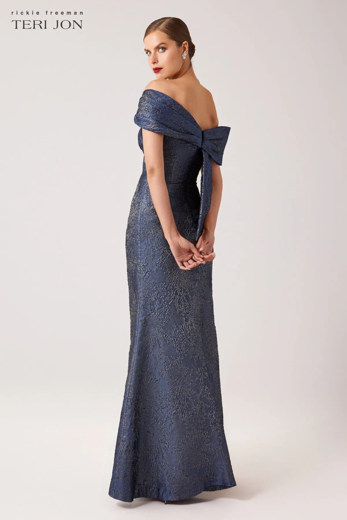 Asymmetrical Portrait Jacquard Evening Gown