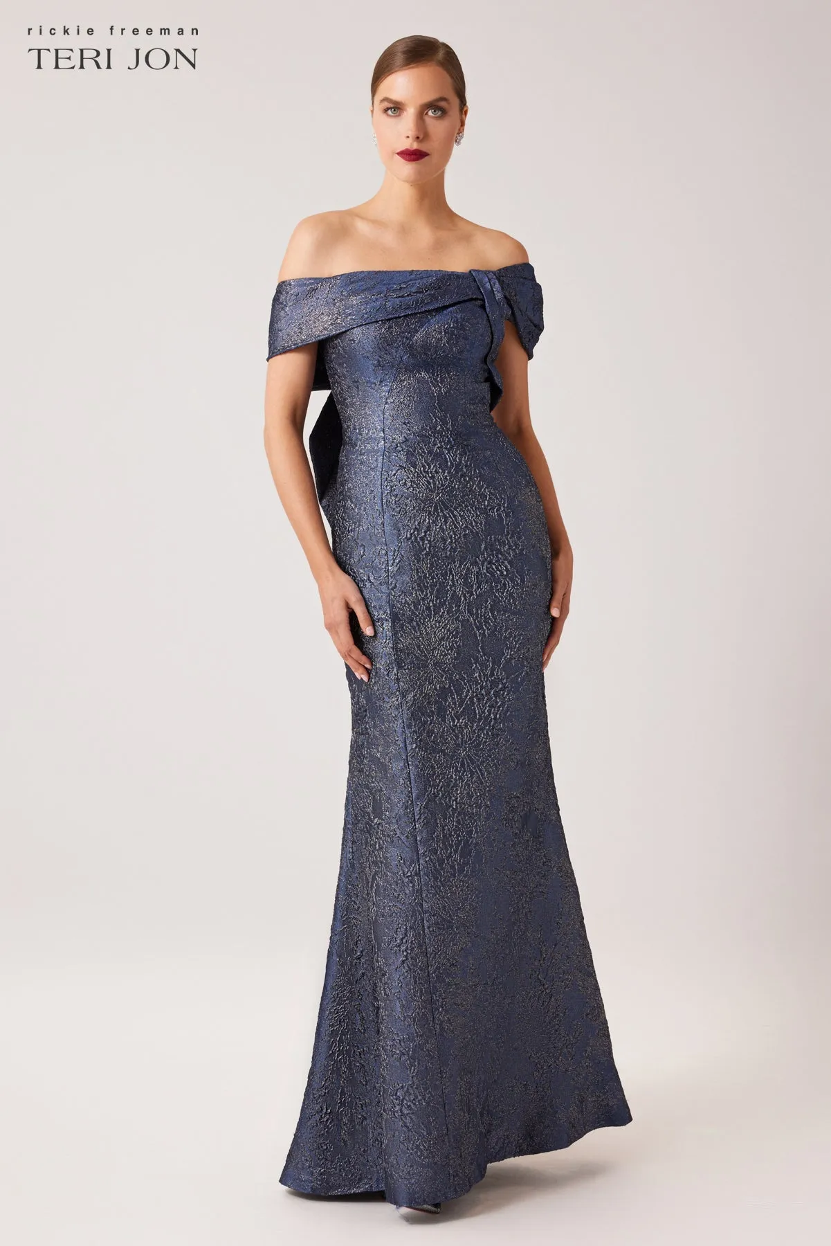 Asymmetrical Portrait Jacquard Evening Gown