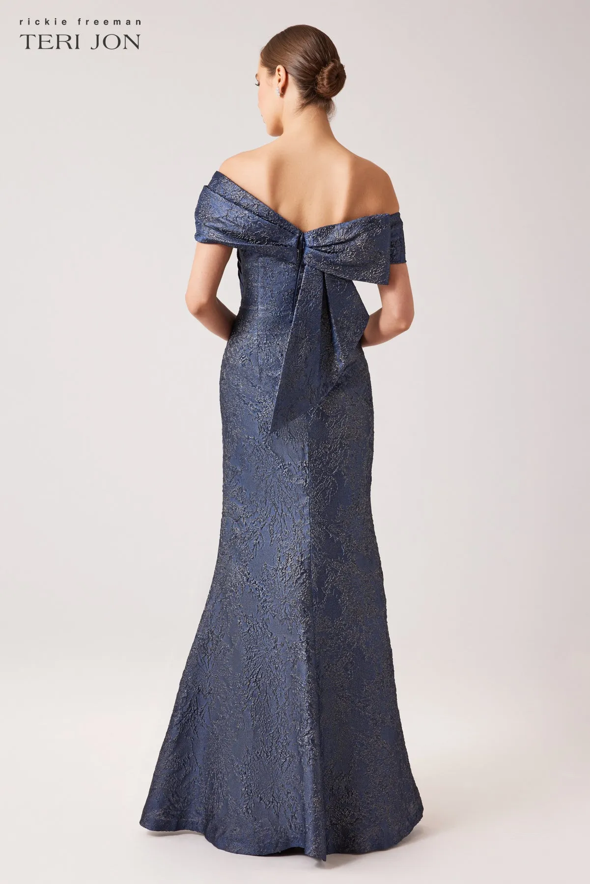 Asymmetrical Portrait Jacquard Evening Gown