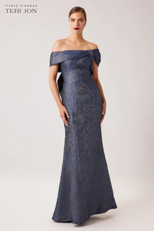 Asymmetrical Portrait Jacquard Evening Gown