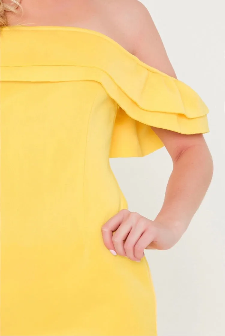 Bardot Ruffle Premium Scuba Yellow  Mini Dress