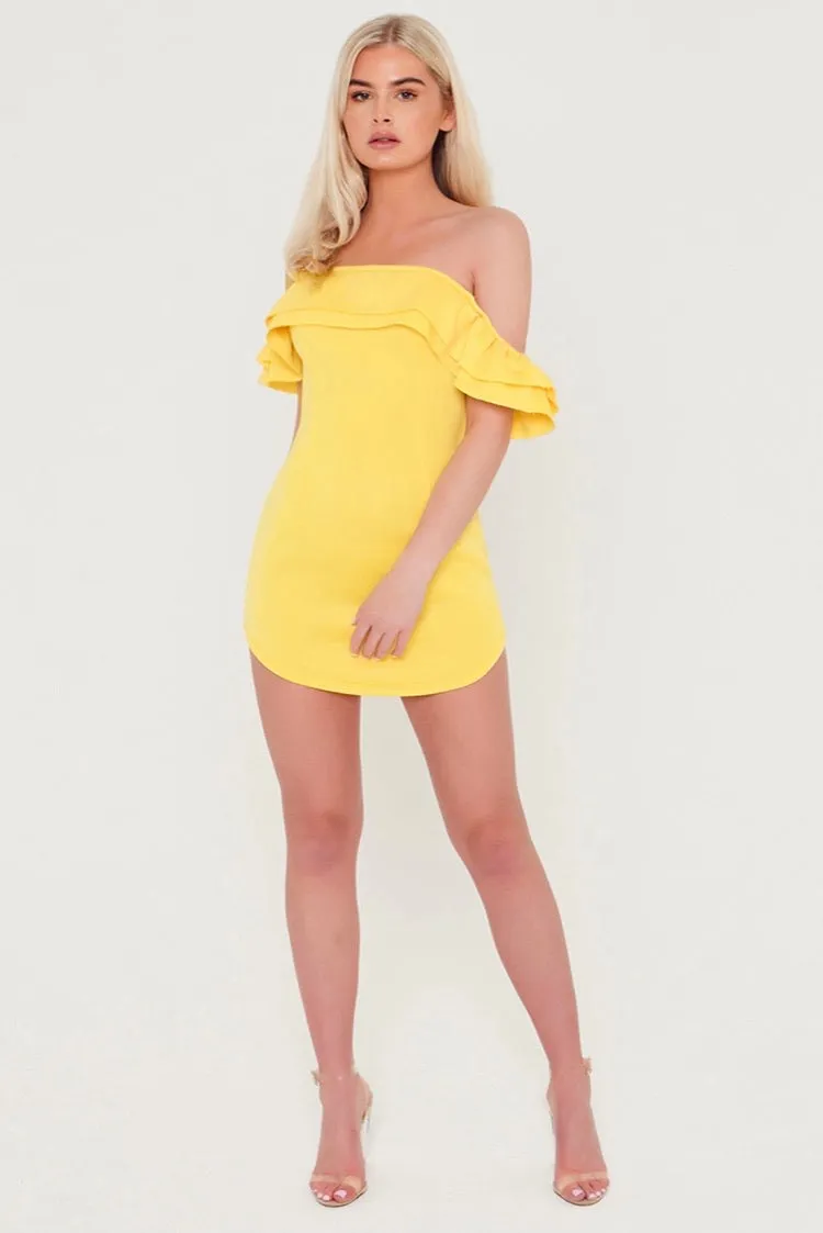 Bardot Ruffle Premium Scuba Yellow  Mini Dress