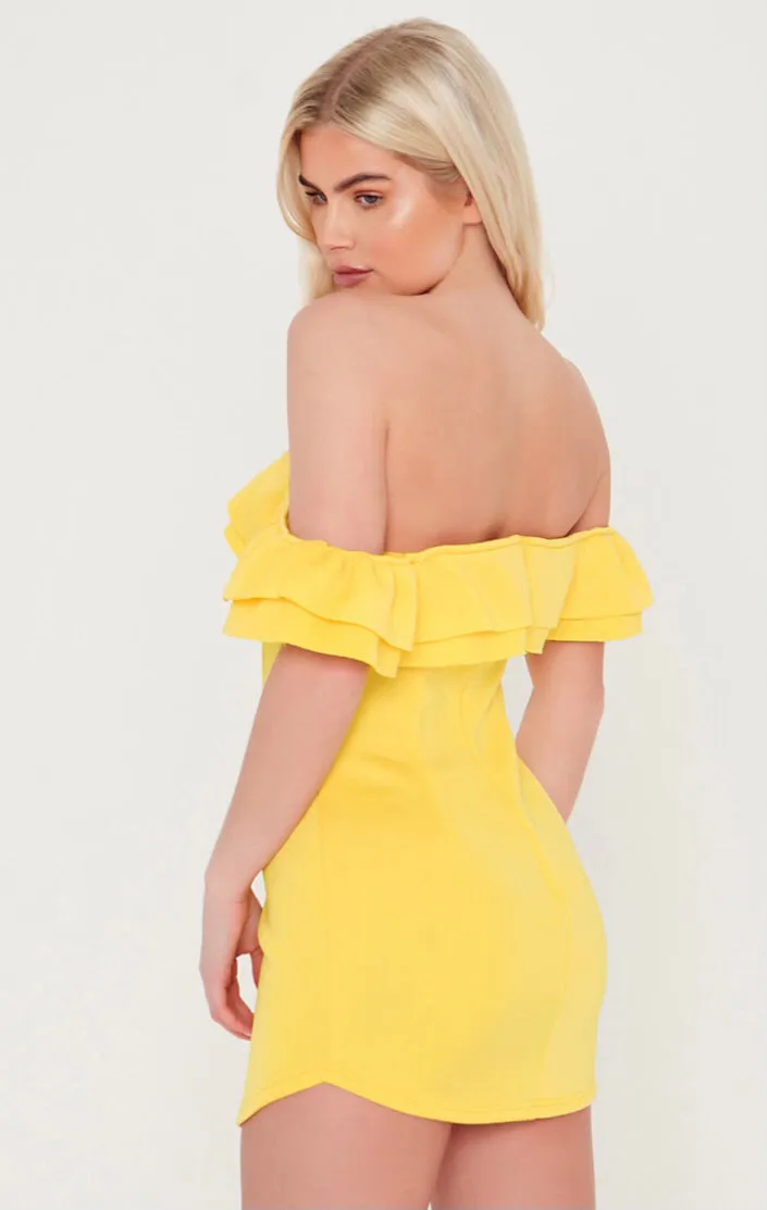 Bardot Ruffle Premium Scuba Yellow  Mini Dress