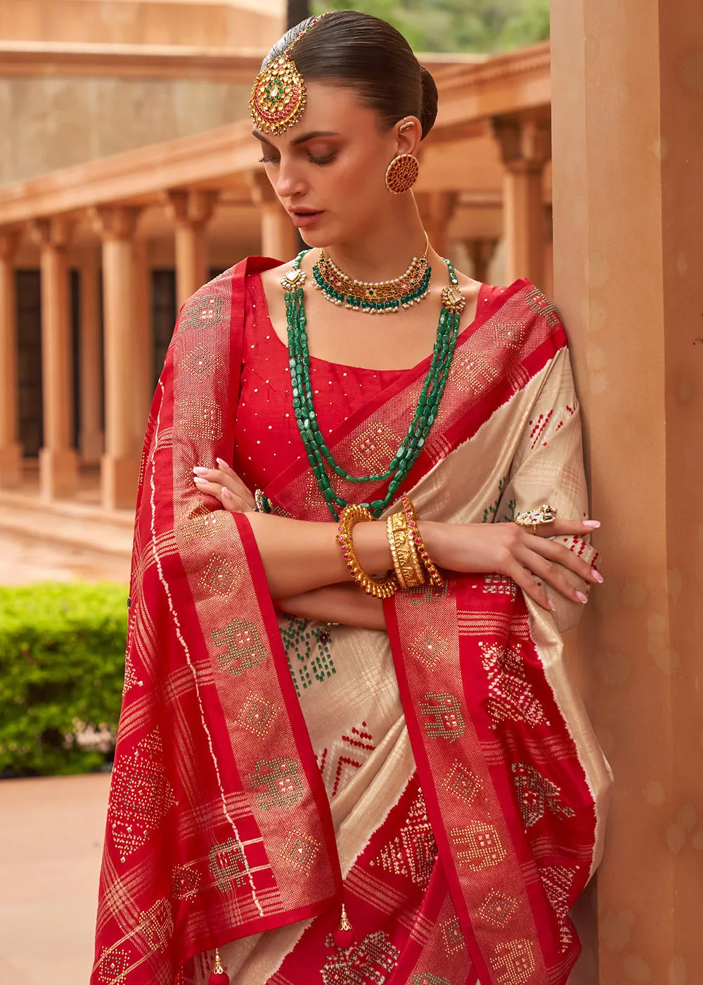 Beige Brown & Red Printed Patola Silk Saree with Swaroski Work