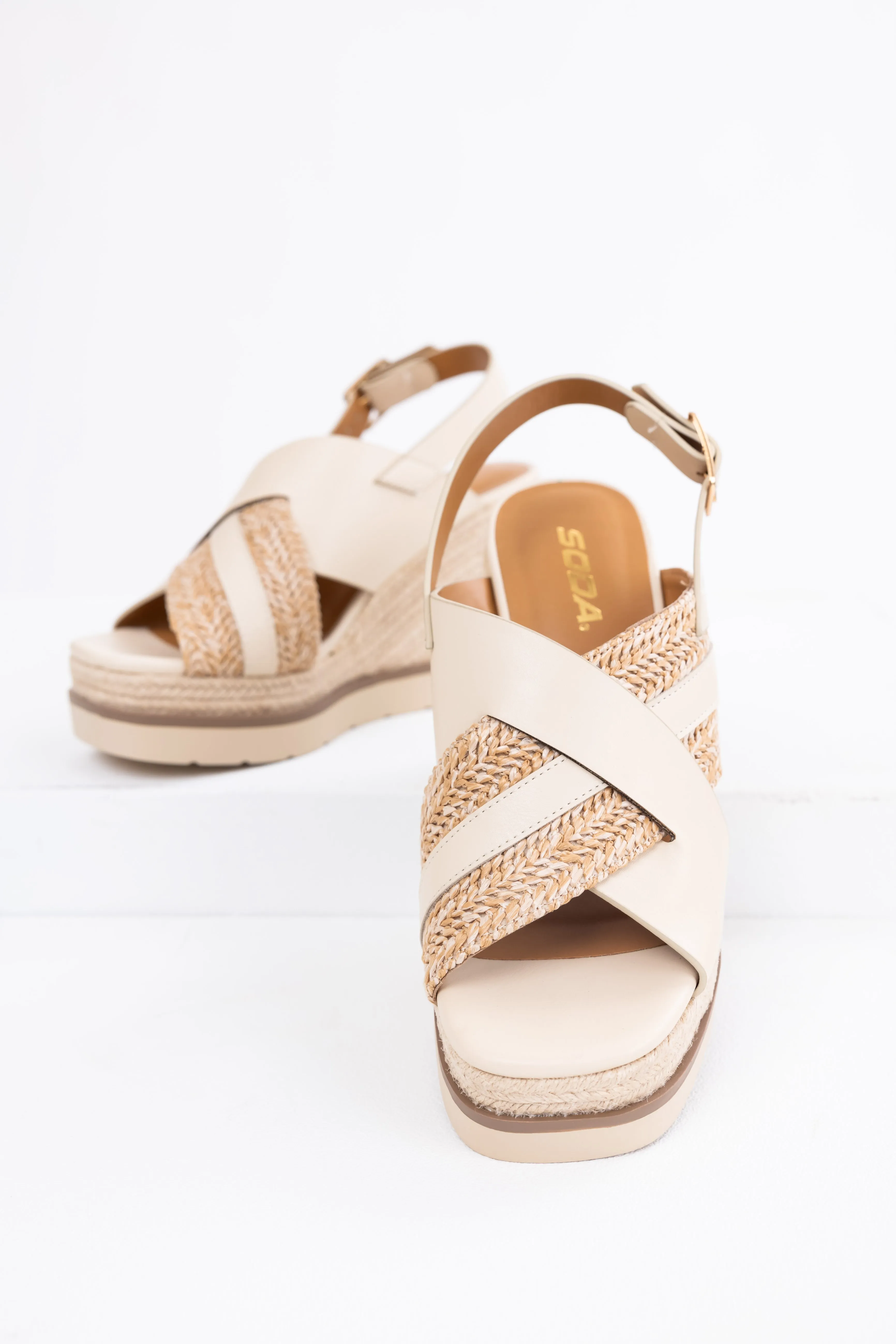 Beige Cross Strap Espadrille Platform Wedges