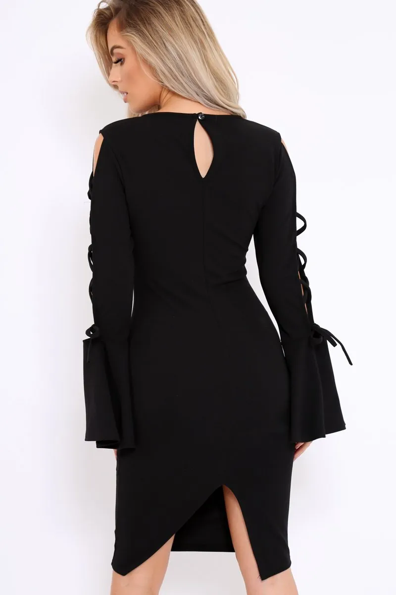 Black Bell Sleeved Dress with Lace up Detail - Faith