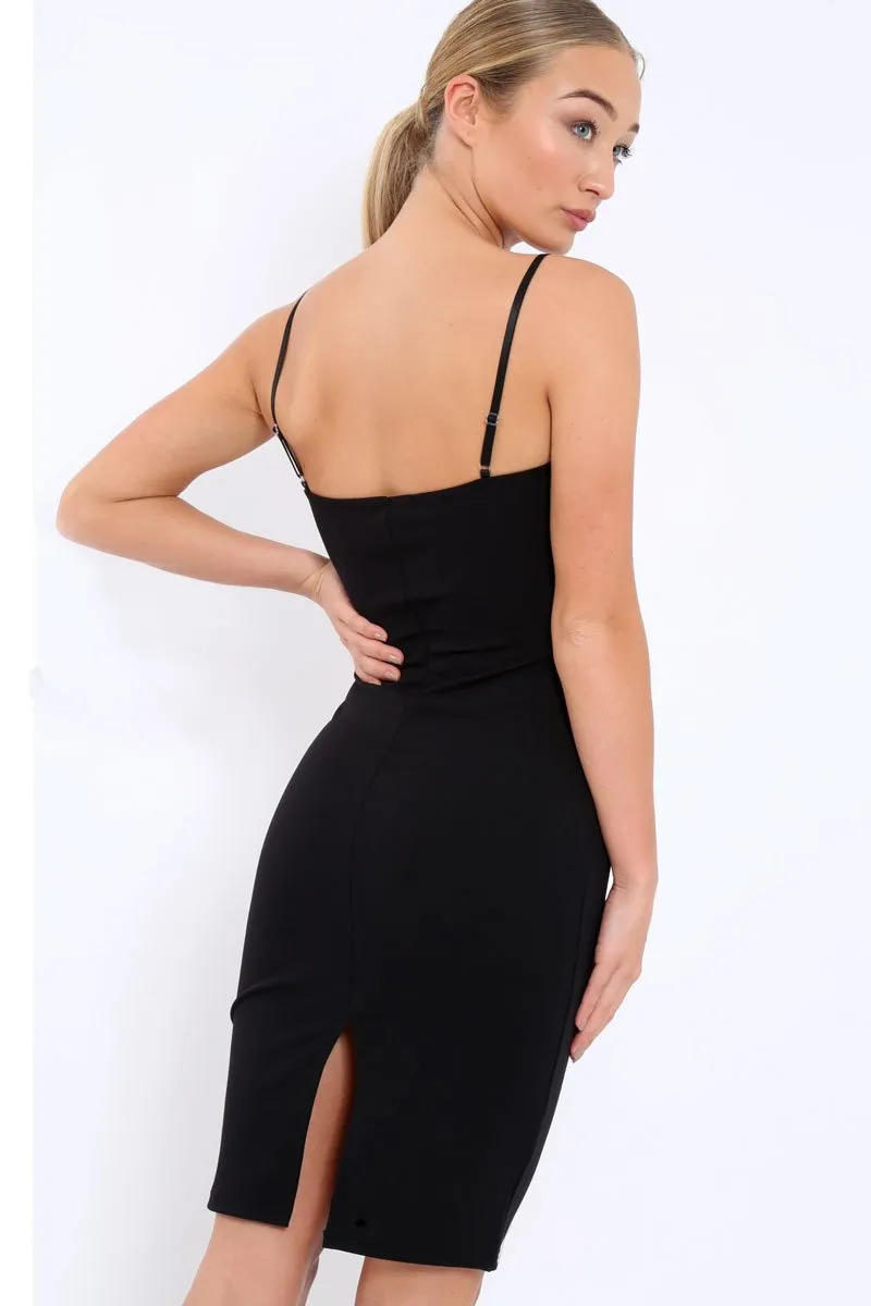 Black Bodycon Midi Dress with Gold Bar Detail - Annahi