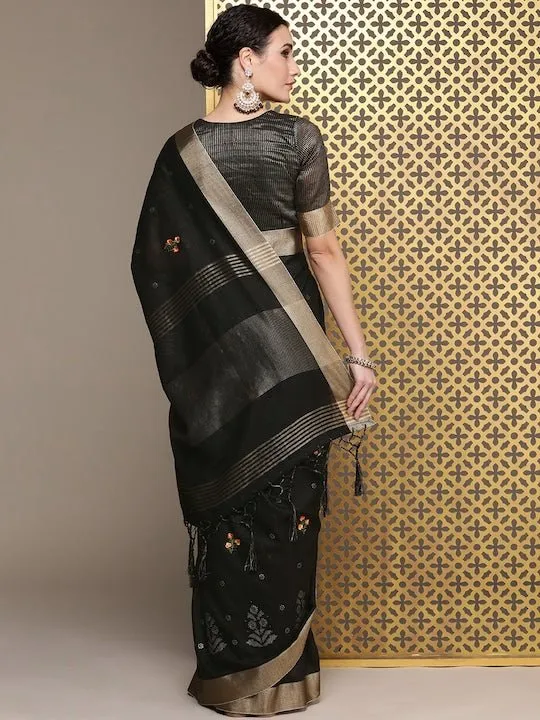 Black Floral Embroidered Linen Blend Banarasi Saree