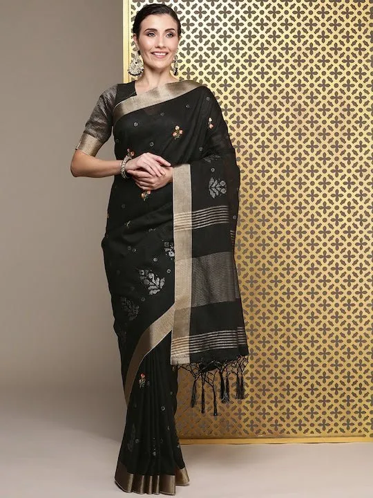 Black Floral Embroidered Linen Blend Banarasi Saree