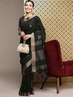 Black Floral Embroidered Linen Blend Banarasi Saree