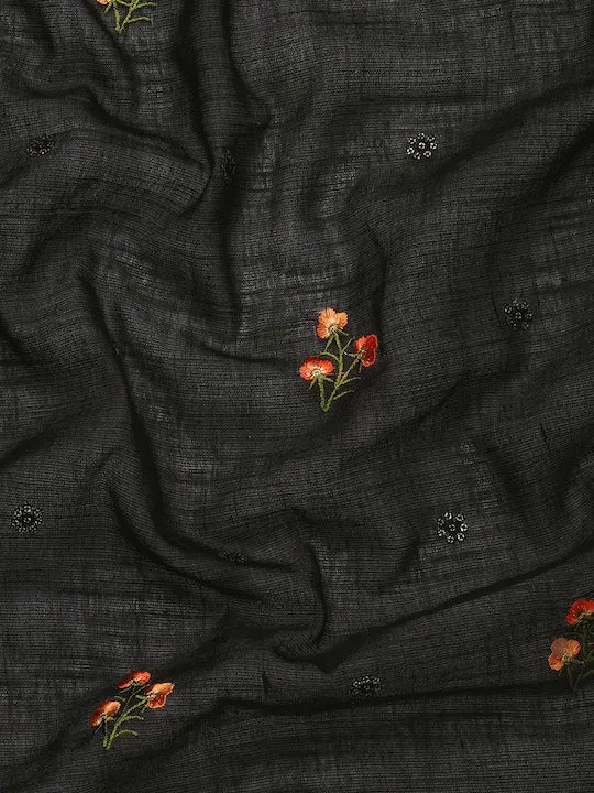 Black Floral Embroidered Linen Blend Banarasi Saree