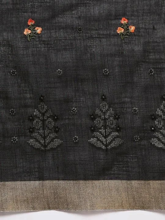 Black Floral Embroidered Linen Blend Banarasi Saree