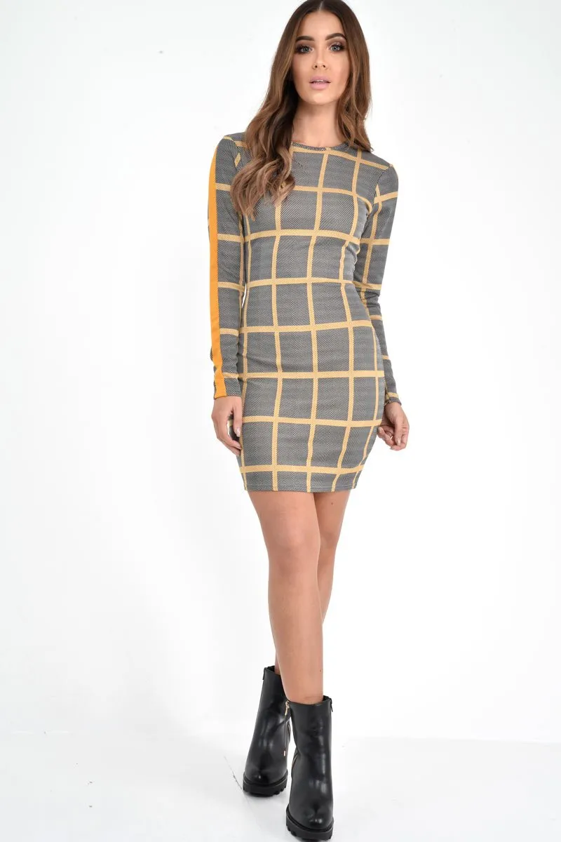 Black Mustard Check Long Sleeve Bodycon Dress - Jasmine