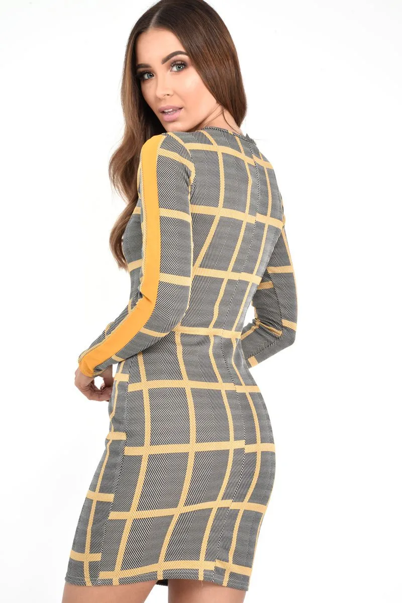 Black Mustard Check Long Sleeve Bodycon Dress - Jasmine