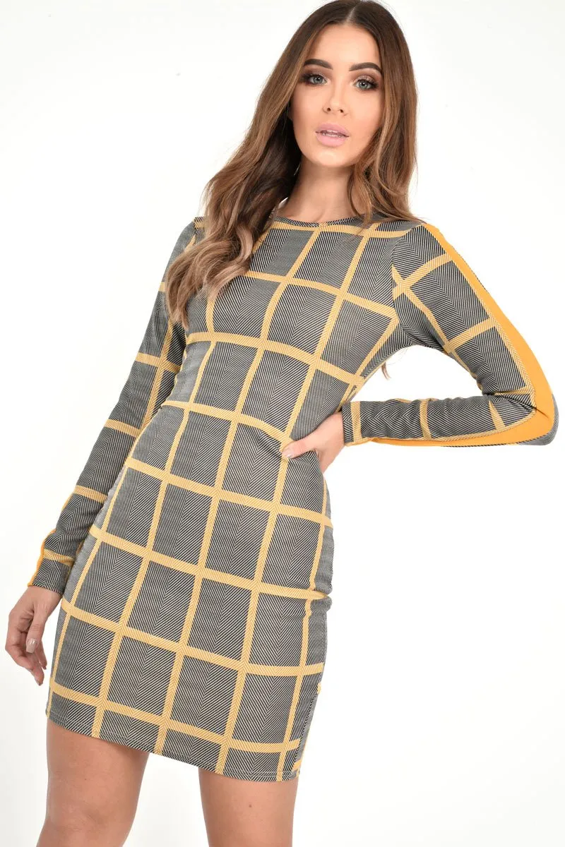 Black Mustard Check Long Sleeve Bodycon Dress - Jasmine