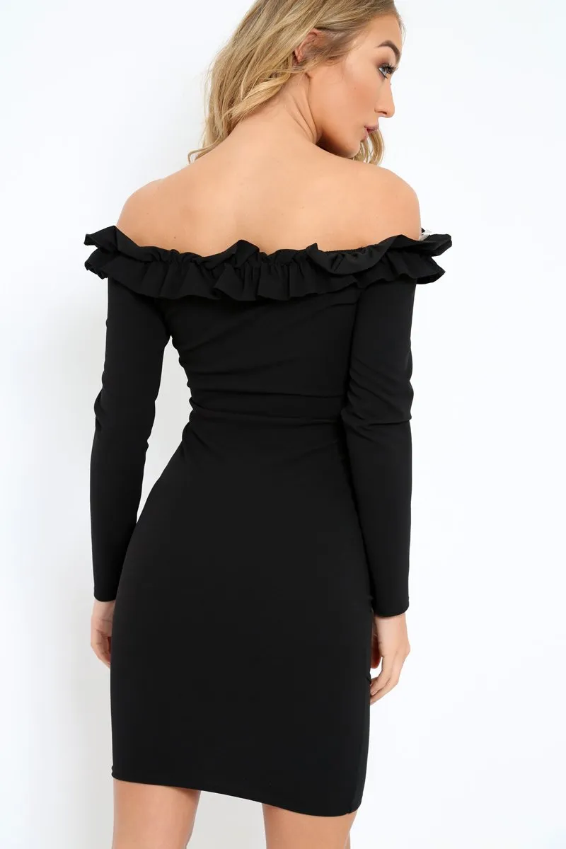 Black Ruffle Bardot Bodycon Dress - Alix