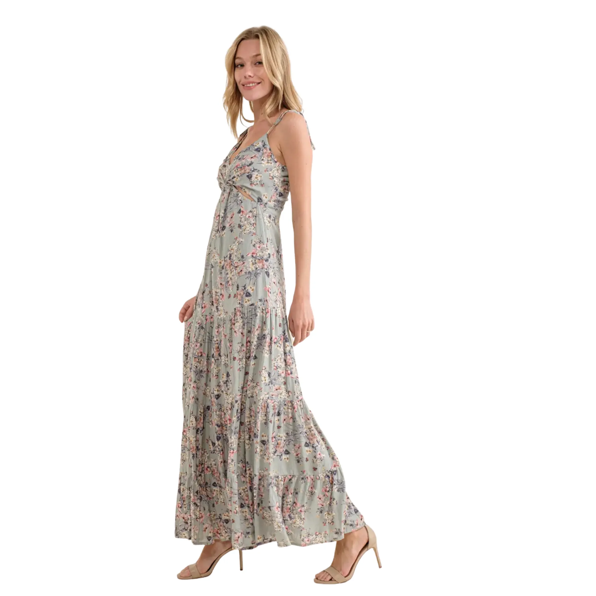 BLUE B WOMEN'S FLORAL CUT OUT TWIST TIERED MAXI DRESS - 32688D