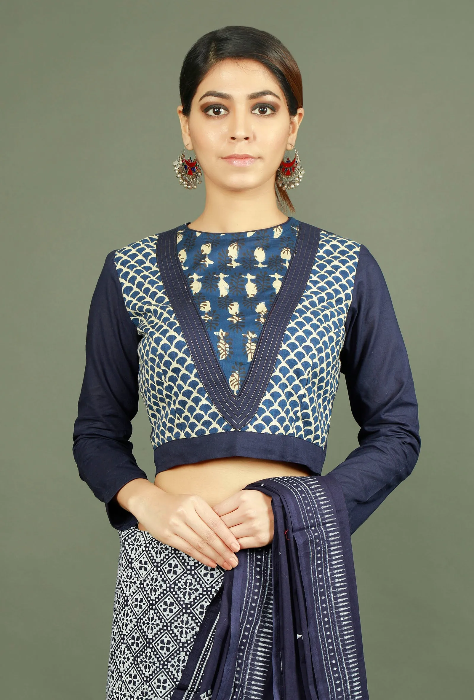 Blue Cotton Baghru Patchwork Blouse