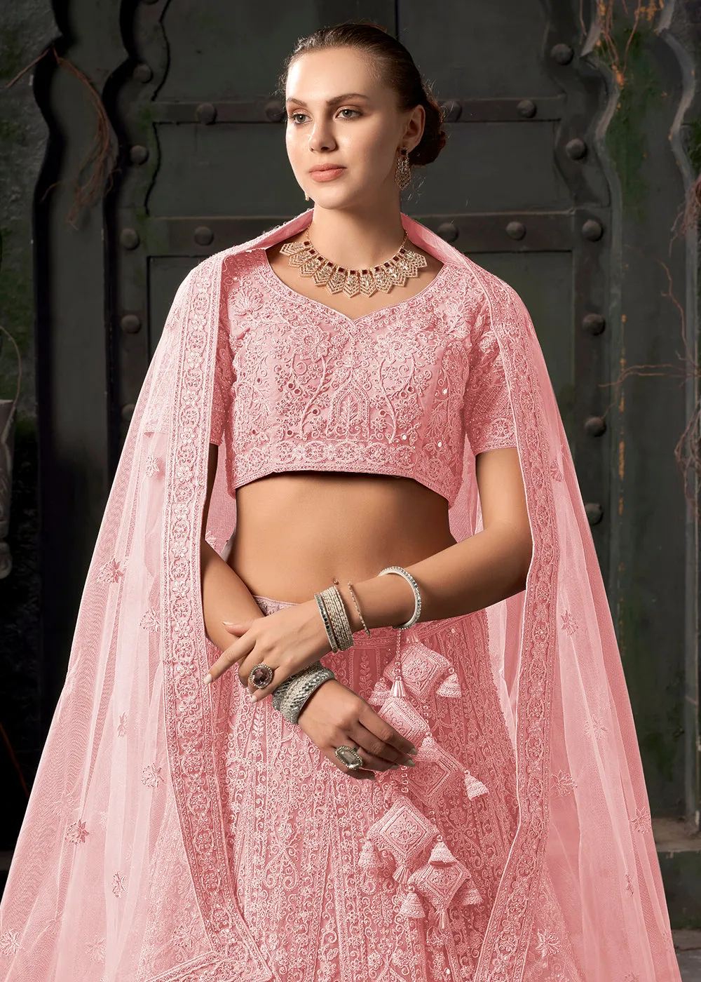 Bridal Style Pink Embroidered Designer Lehenga Choli