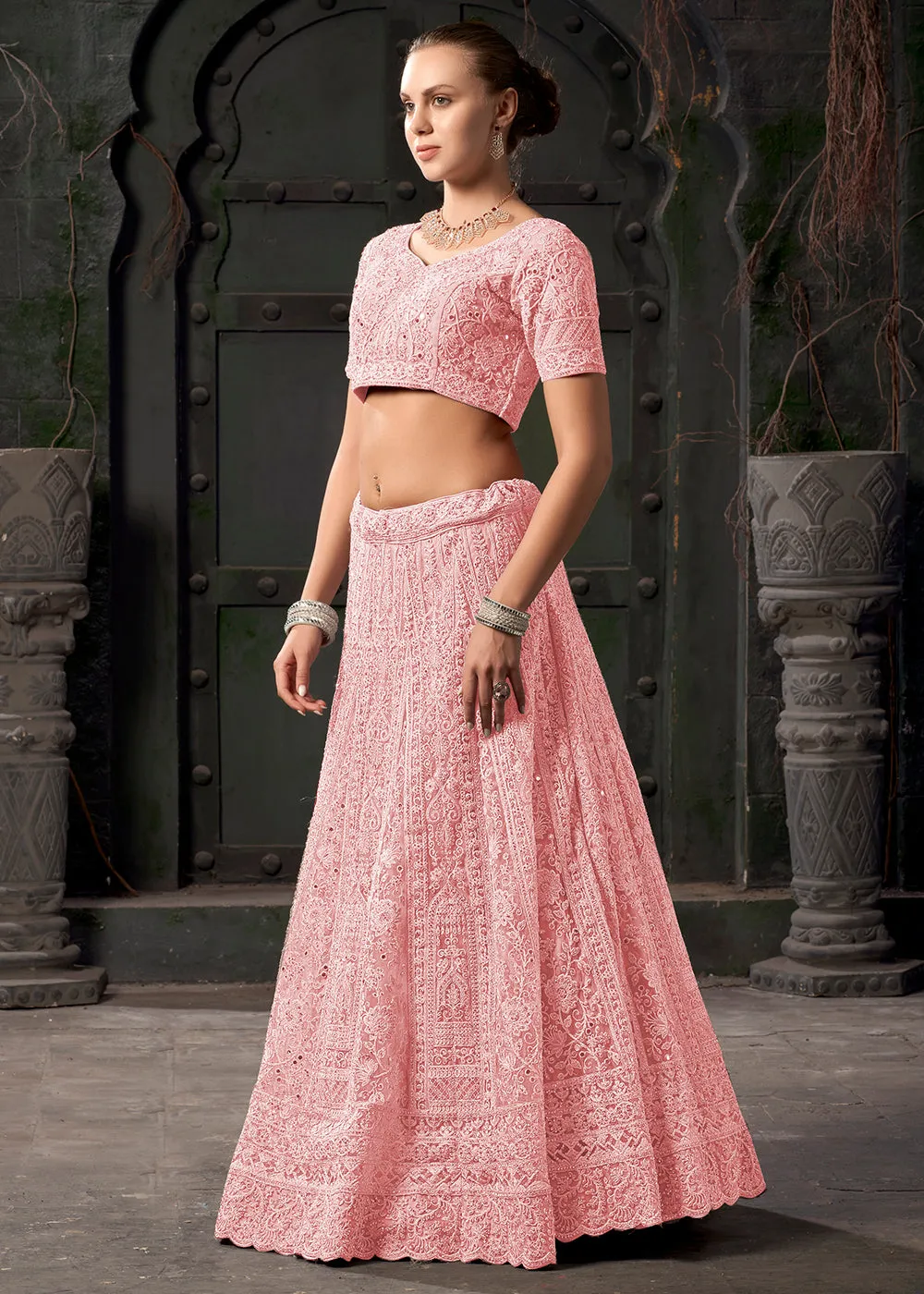 Bridal Style Pink Embroidered Designer Lehenga Choli