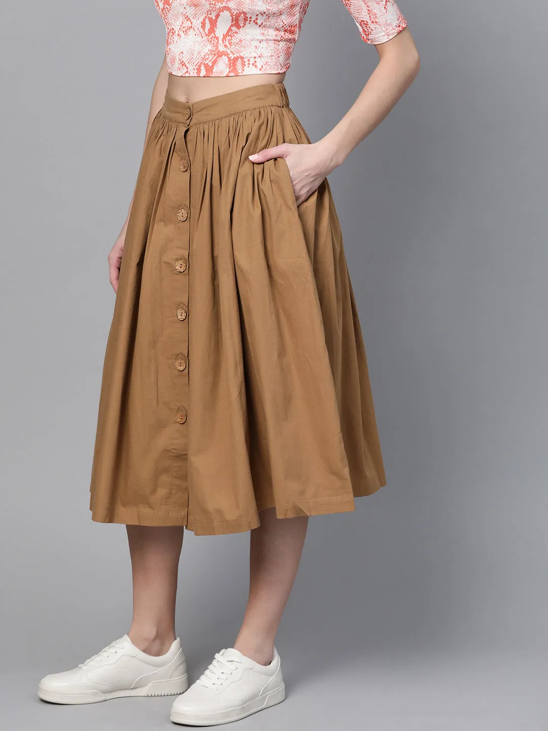 Brown Front Button Gathered Skirt