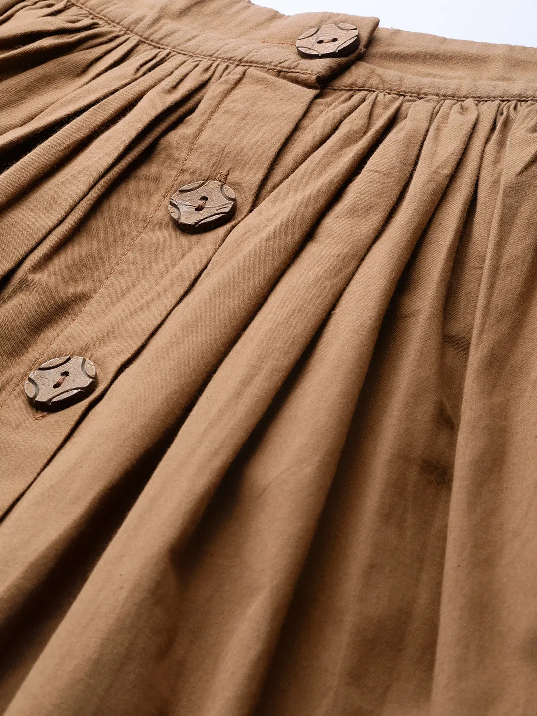 Brown Front Button Gathered Skirt