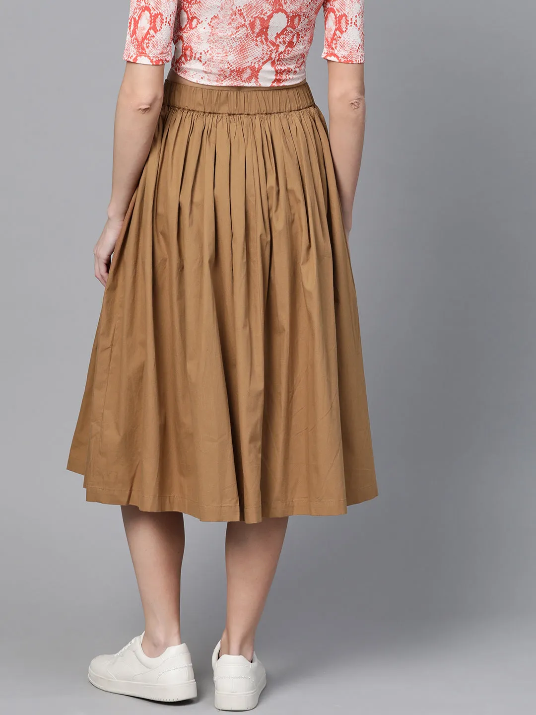 Brown Front Button Gathered Skirt