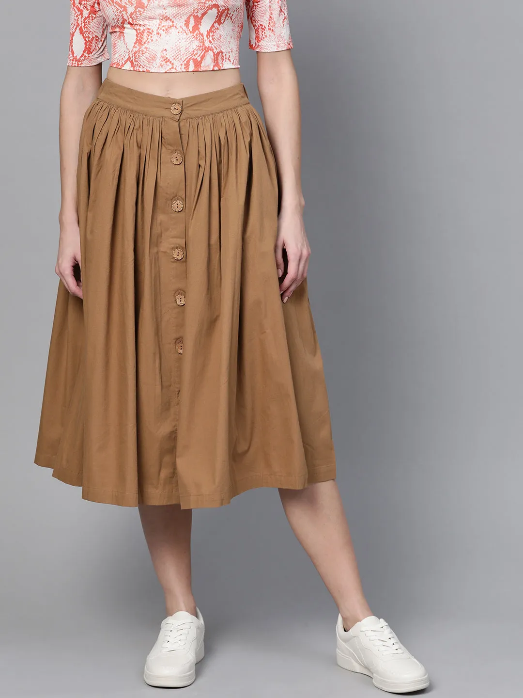 Brown Front Button Gathered Skirt